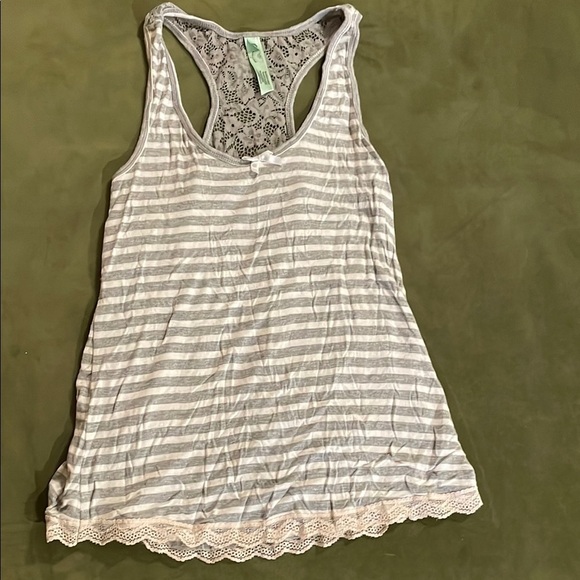 Honeydew Gray and White Ribbed Lace Detail Racerback Tank Top Sleep Shirt - Picture 1 of 6